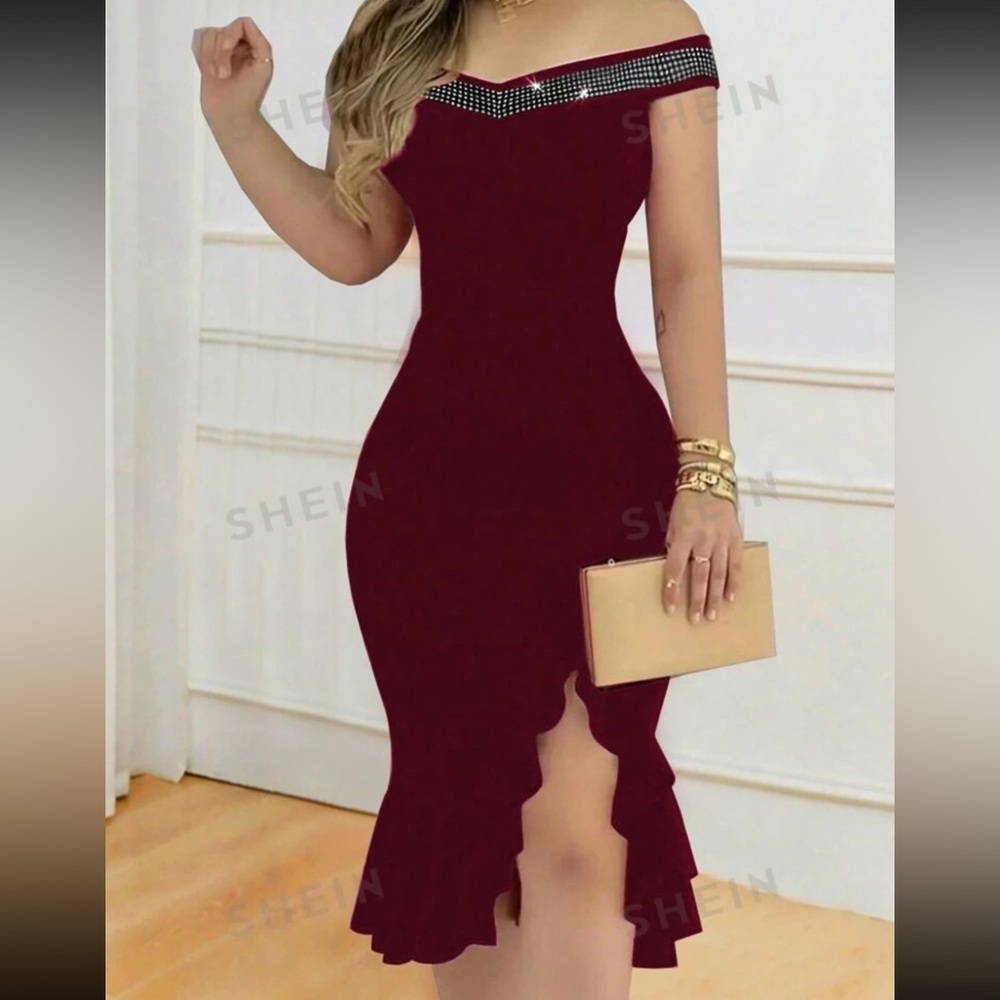 SHEIN Clasi Women's Rhinestone Embellished Off-Shoulder Slit Dress